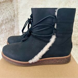 UGG Luisa Black Shearling Lace-Up Water Resistant Leather Boots Size: 10 New